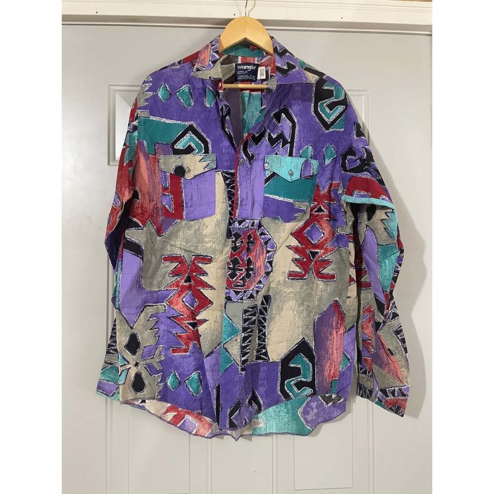 Wrangler Cowboy Cut Shirt Mens 17-36 Multi Color Excellent Vintage‎ Abstract 90s